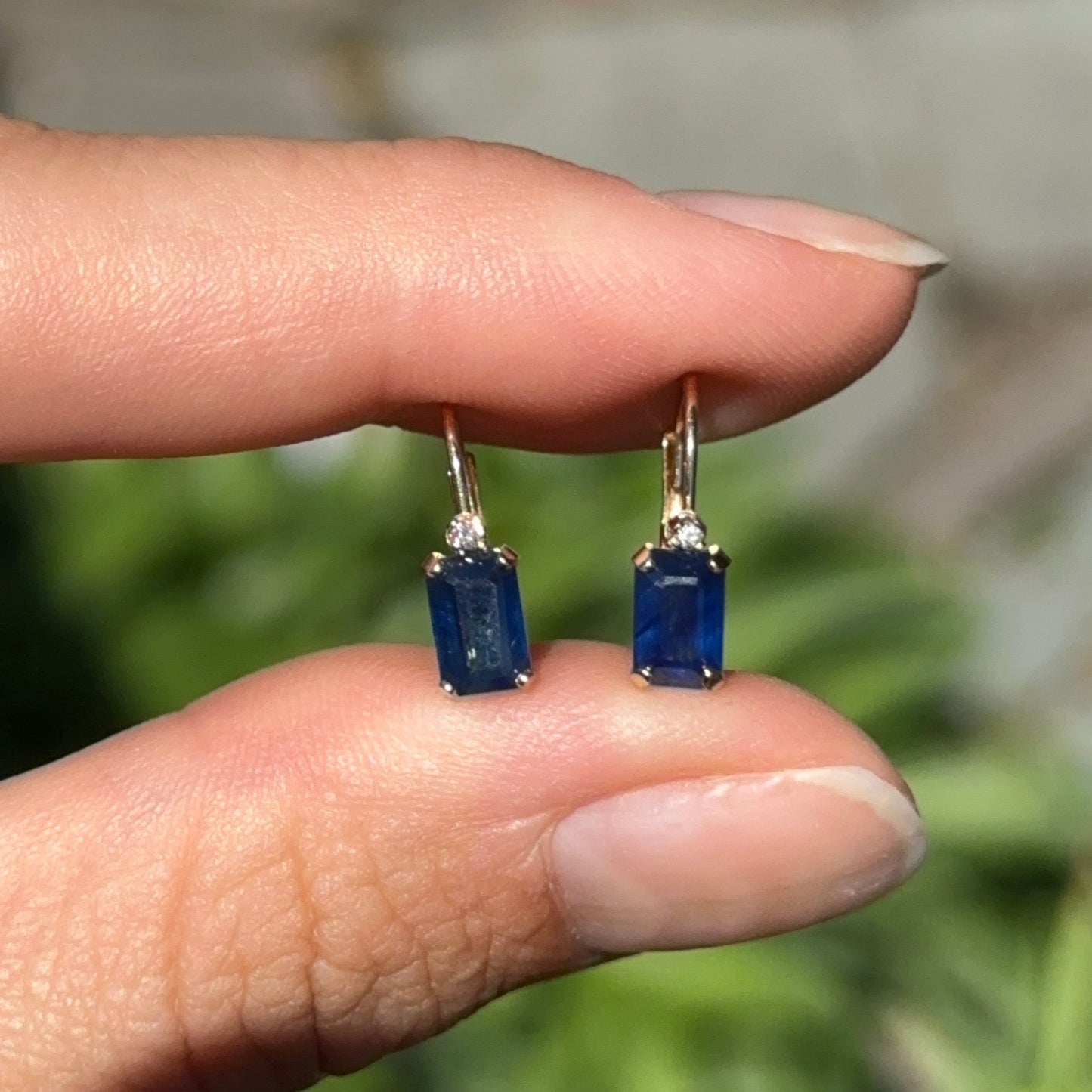 Estate 14KT Yellow Gold Emerald-Cut Blue Sapphire + Diamond Lever Back Earrings