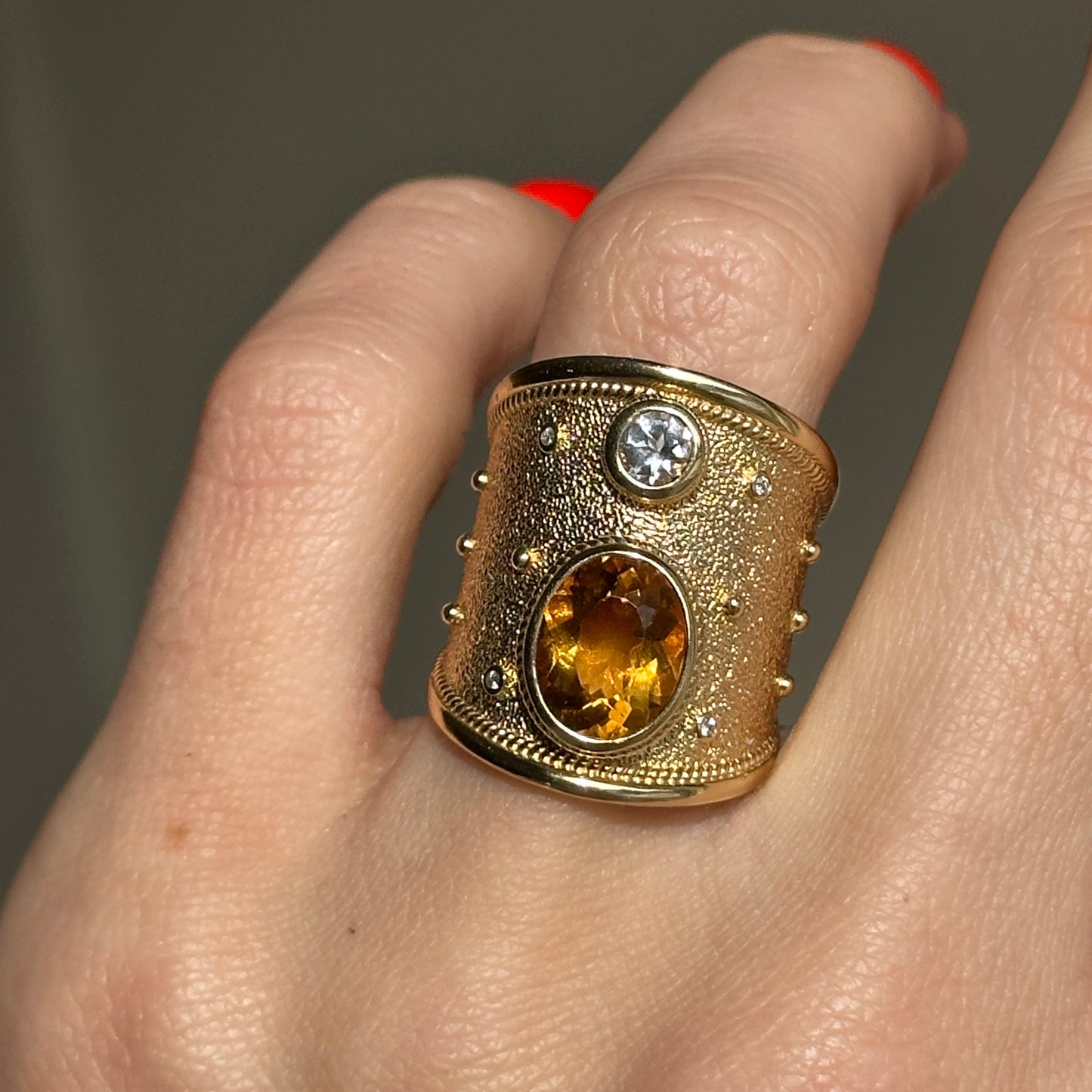 Estate 18KT Yellow Gold Byzantine Citrine + White Topaz Wide Ring - LSJ