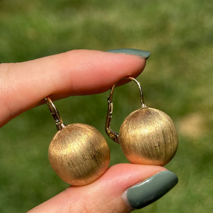 Estate 14KT Yellow Gold Matte 18mm Ball Lever Back Earrings
