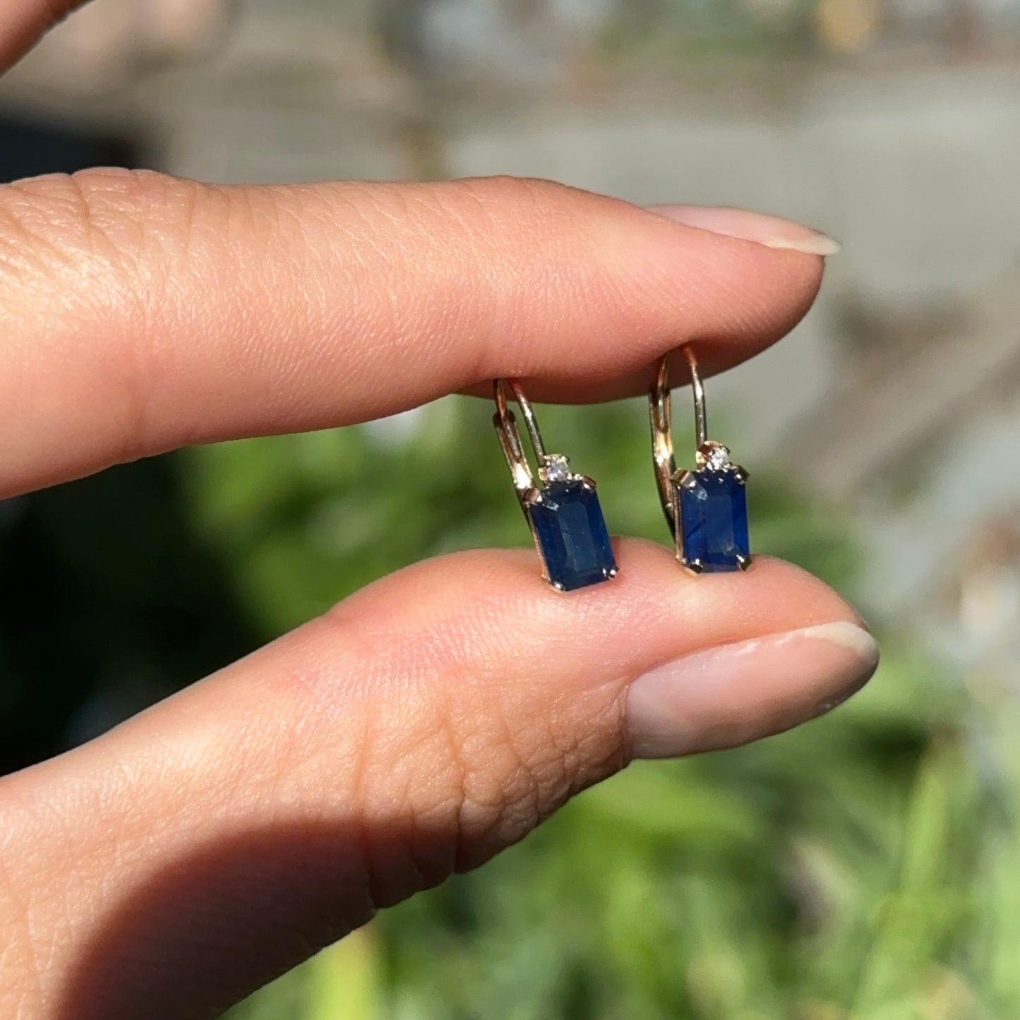 Estate 14KT Yellow Gold Emerald-Cut Blue Sapphire + Diamond Lever Back Earrings