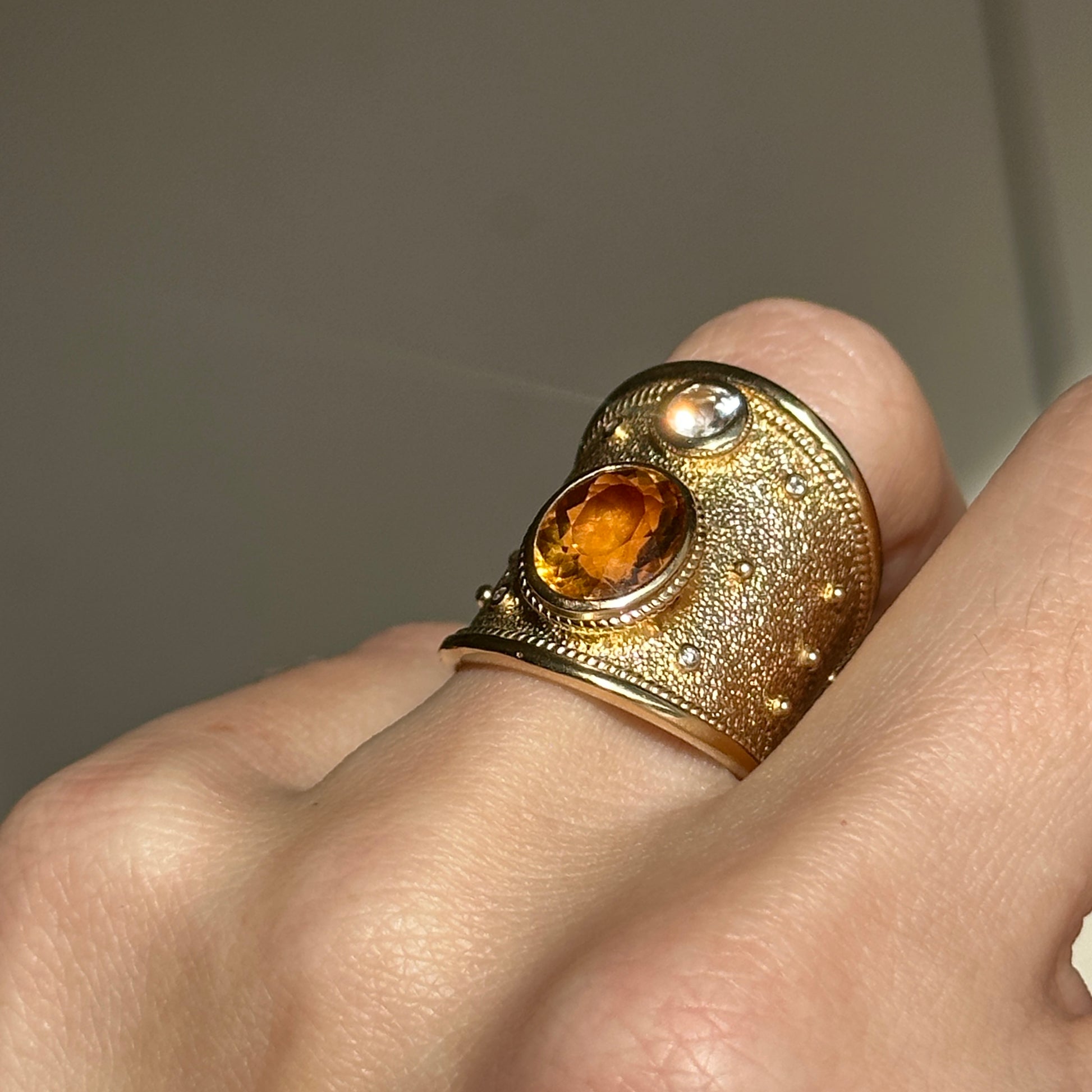 Estate 18KT Yellow Gold Byzantine Citrine + White Topaz Wide Ring - LSJ