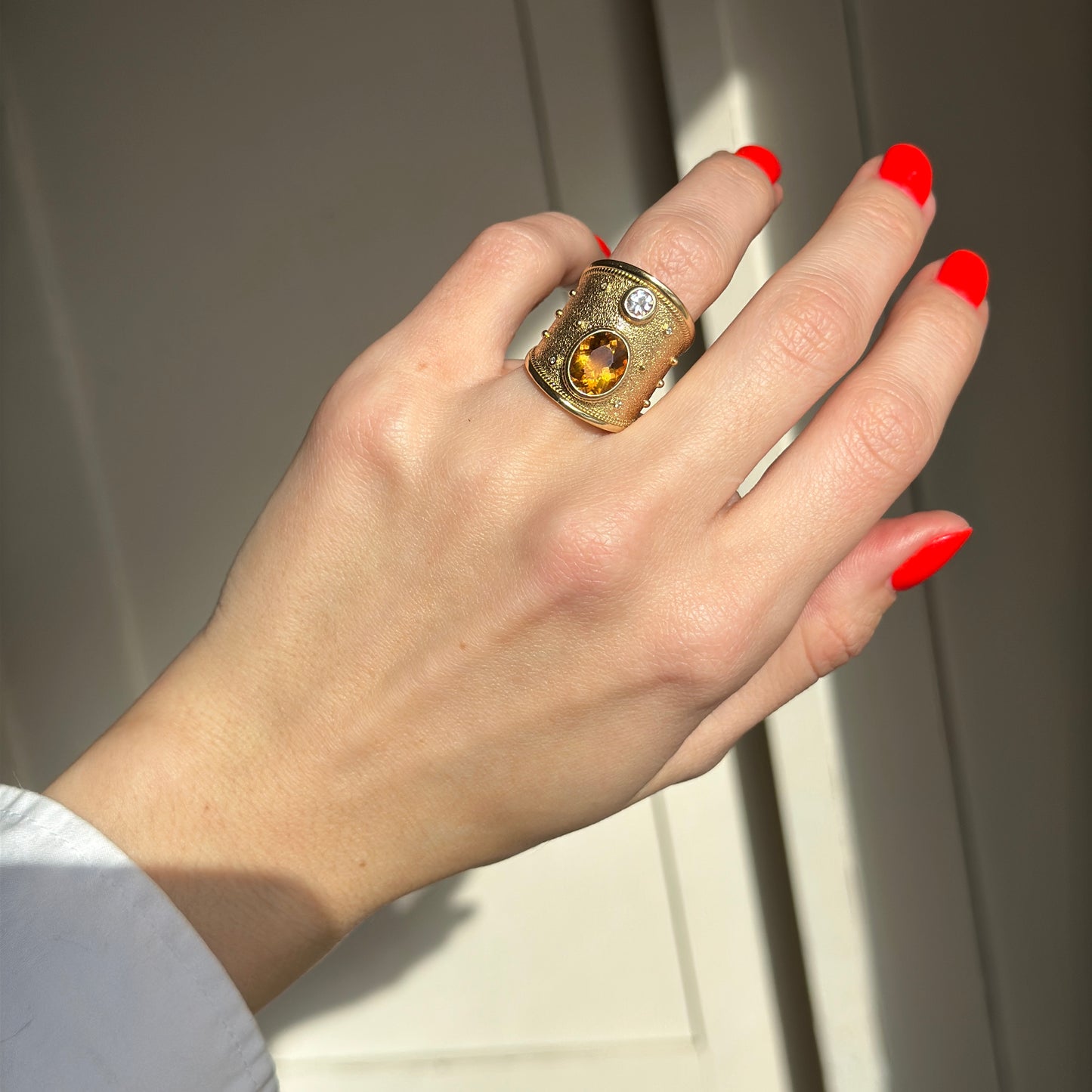 Estate 18KT Yellow Gold Byzantine Citrine + White Topaz Wide Ring - LSJ