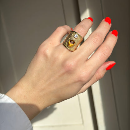Estate 18KT Yellow Gold Byzantine Citrine + White Topaz Wide Ring - LSJ