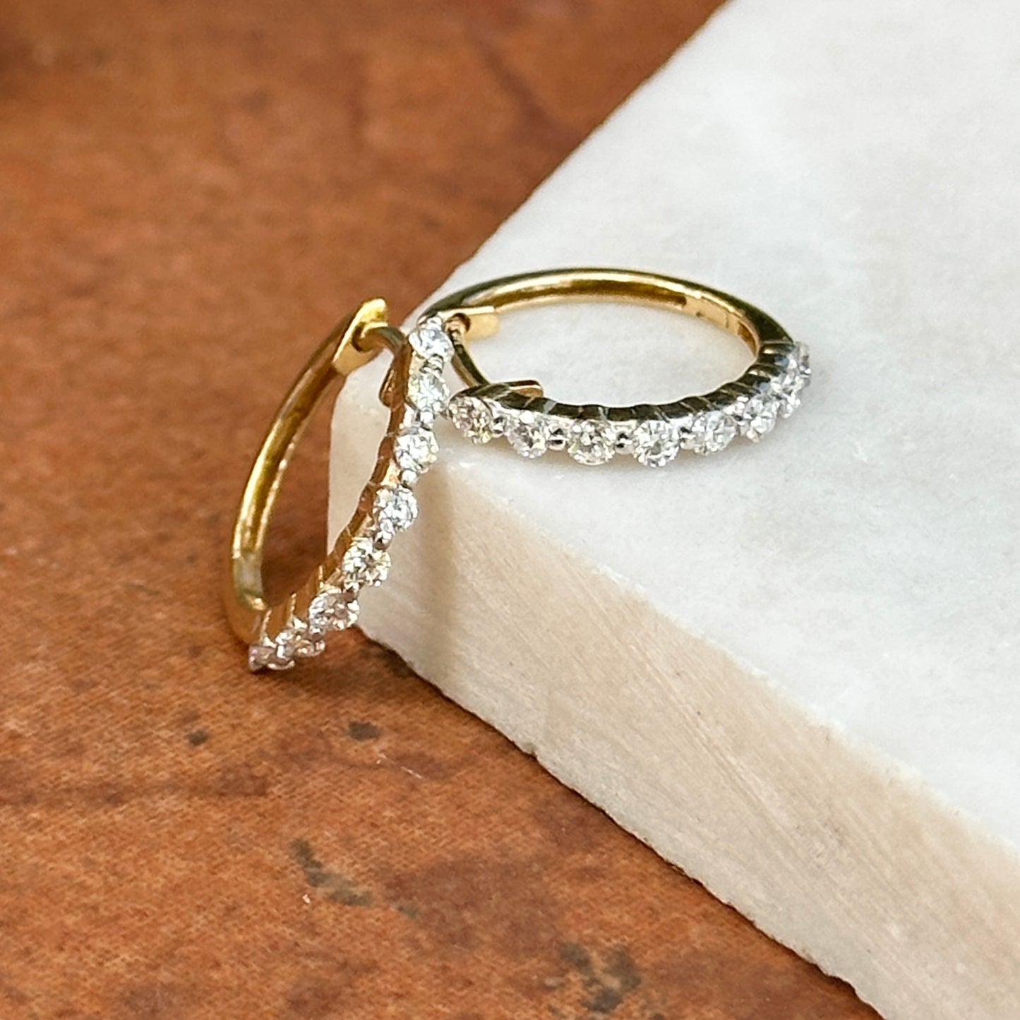 14KT Yellow Gold Prong Set Round Diamond Hoop Huggie Earrings