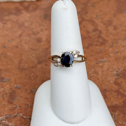 Estate 14KT Yellow Gold Oval Dark Blue Sapphire + 6 Round Diamond Accent Ring