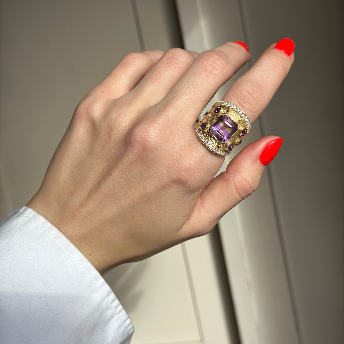 Estate 18KT Yellow Gold Ametrine Amethyst + Diamond Byzantine Ring