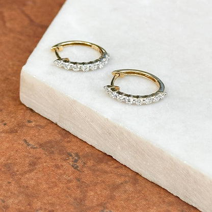 14KT Yellow Gold Prong Set Round Diamond Hoop Huggie Earrings