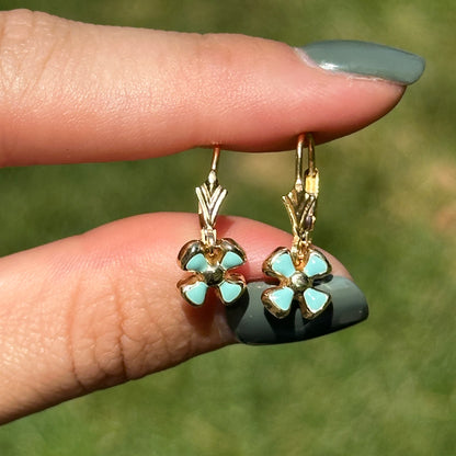 Estate 18KT Yellow Gold Enamel Blue Flower Lever Back Earrings