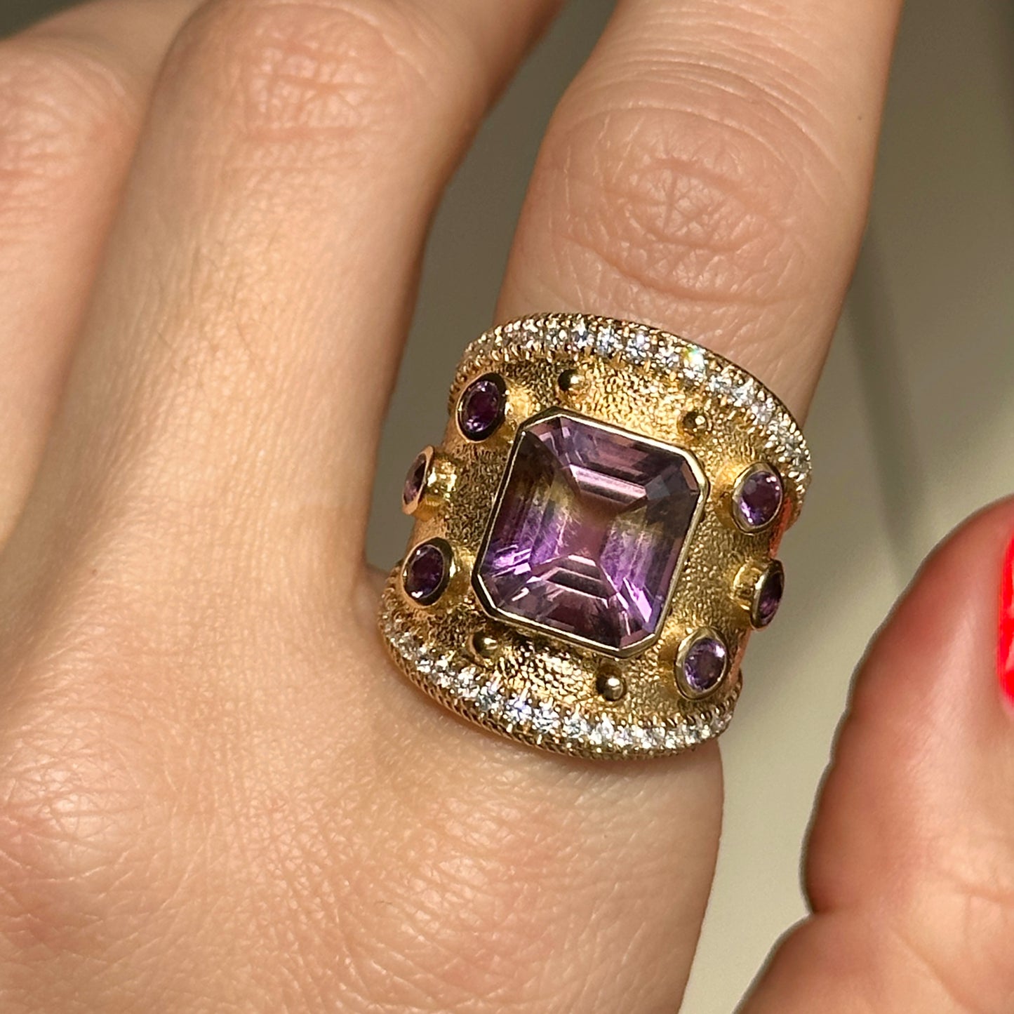 Estate 18KT Yellow Gold Ametrine Amethyst + Diamond Byzantine Ring 6.5