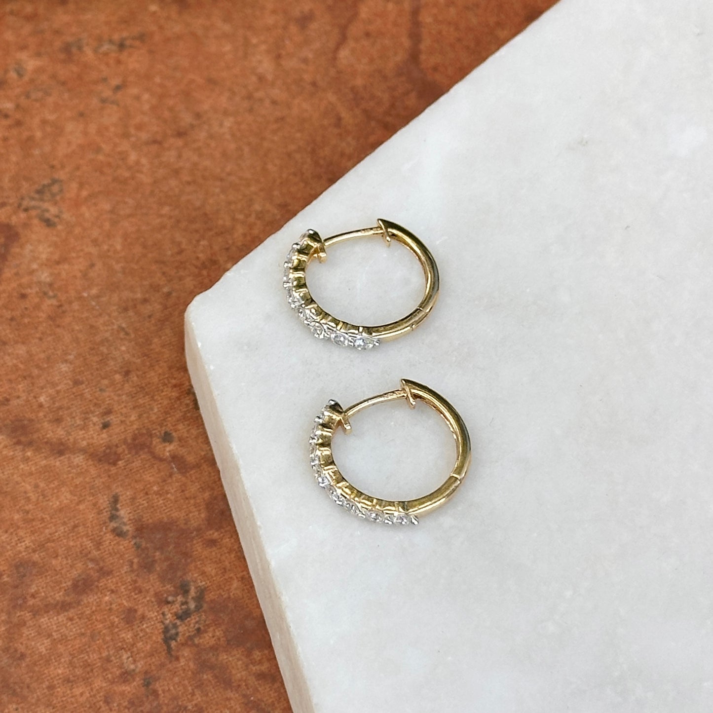 14KT Yellow Gold Prong Set Round Diamond Hoop Huggie Earrings