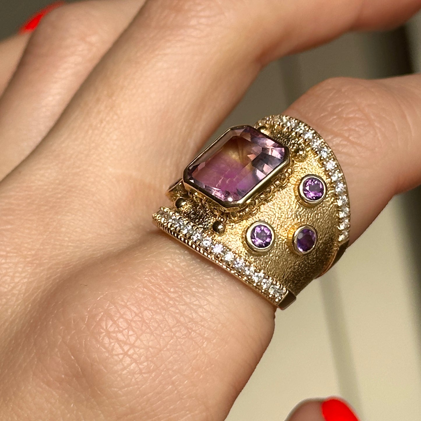 Estate 18KT Yellow Gold Ametrine Amethyst + Diamond Byzantine Ring 6.5