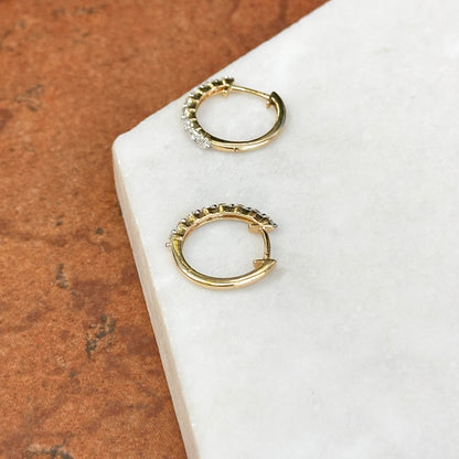 14KT Yellow Gold Prong Set Round Diamond Hoop Huggie Earrings