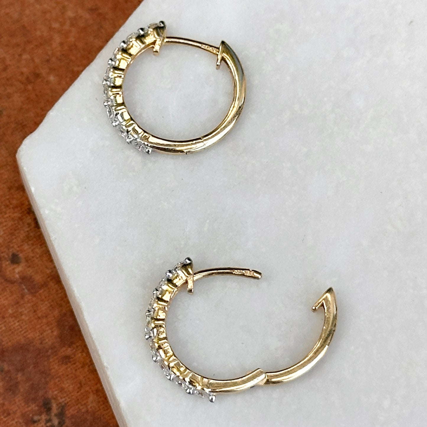 14KT Yellow Gold Prong Set Round Diamond Hoop Huggie Earrings