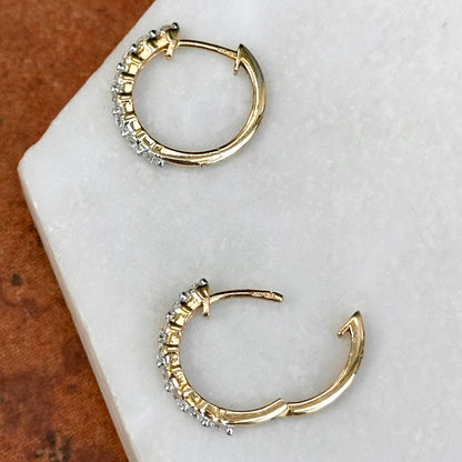 14KT Yellow Gold Prong Set Round Diamond Hoop Huggie Earrings