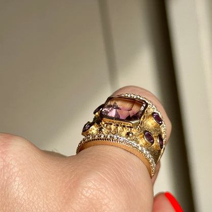 Estate 18KT Yellow Gold Ametrine Amethyst + Diamond Byzantine Ring 6.5