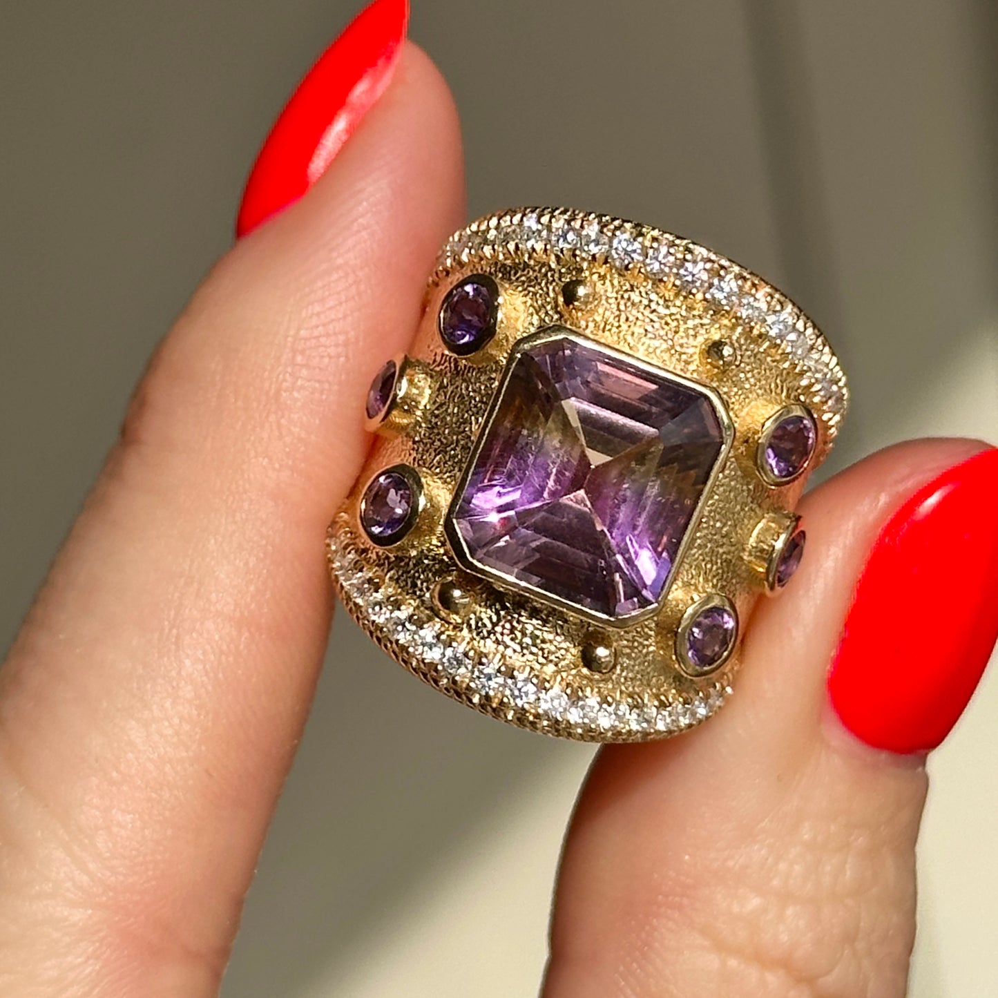 Estate 18KT Yellow Gold Ametrine Amethyst + Diamond Byzantine Ring 6.5