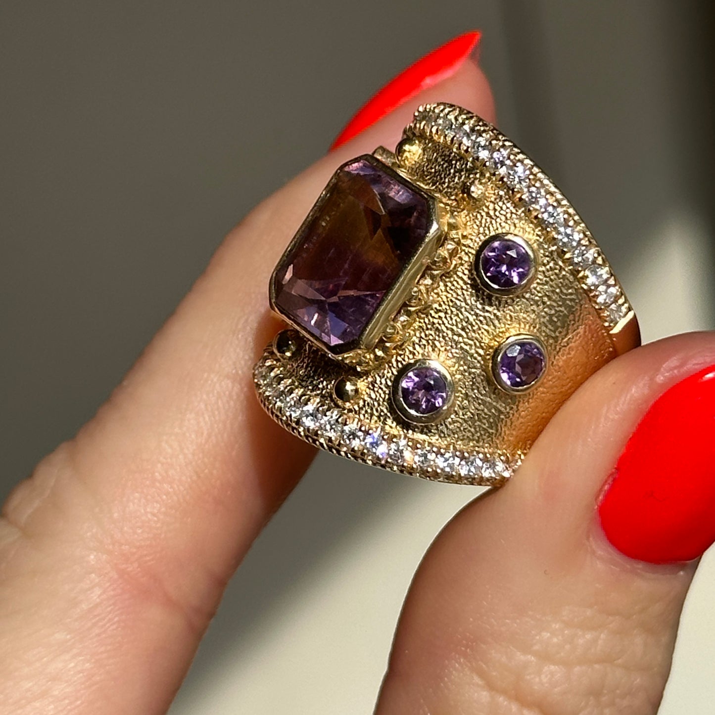 Estate 18KT Yellow Gold Ametrine Amethyst + Diamond Byzantine Ring 6.5