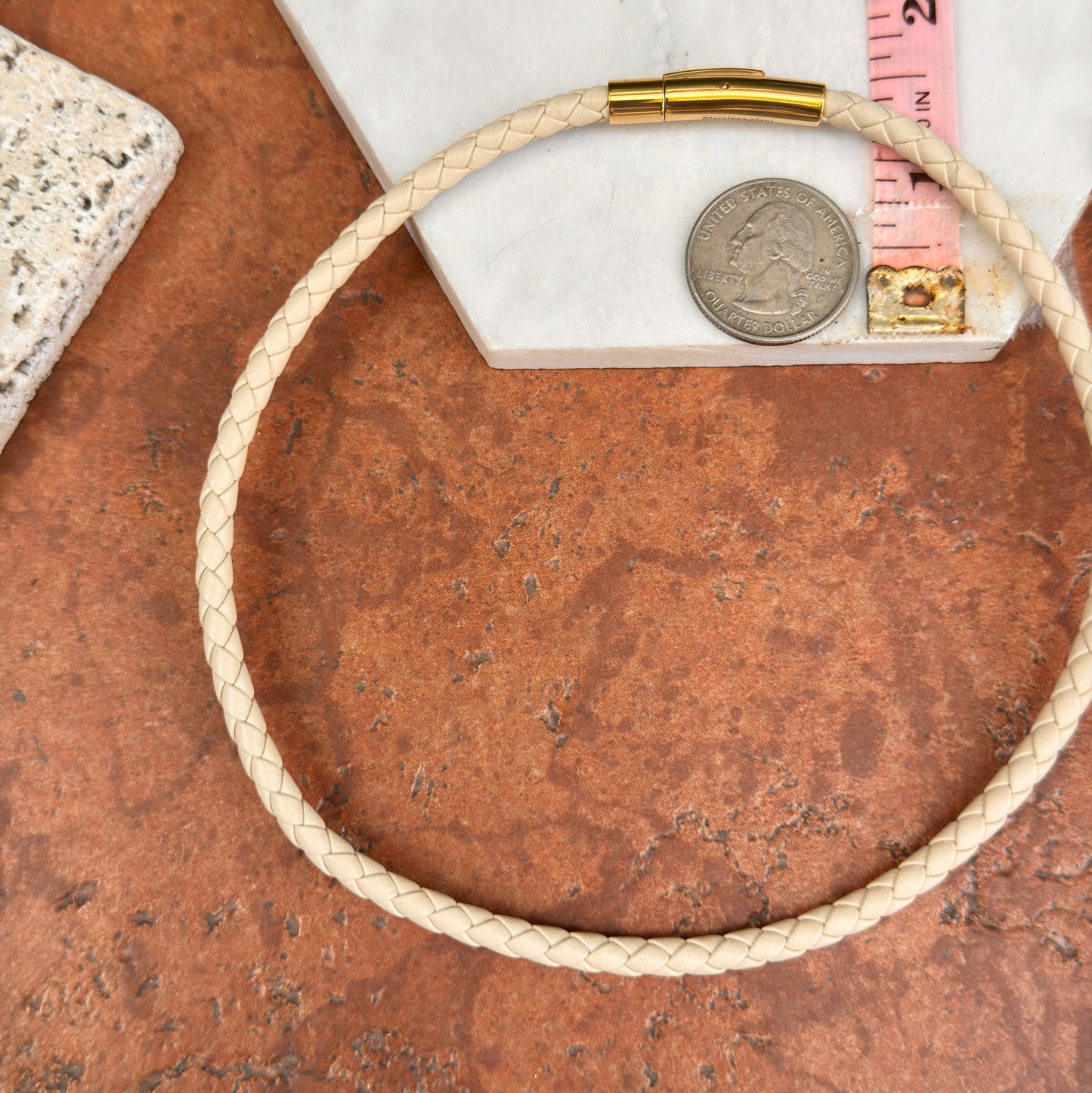 Gold-Plated Steel 5mm Beige Braided Leather Necklace