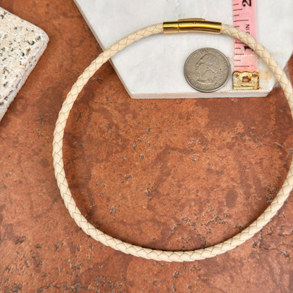 Gold-Plated Steel 5mm Beige Braided Leather Necklace
