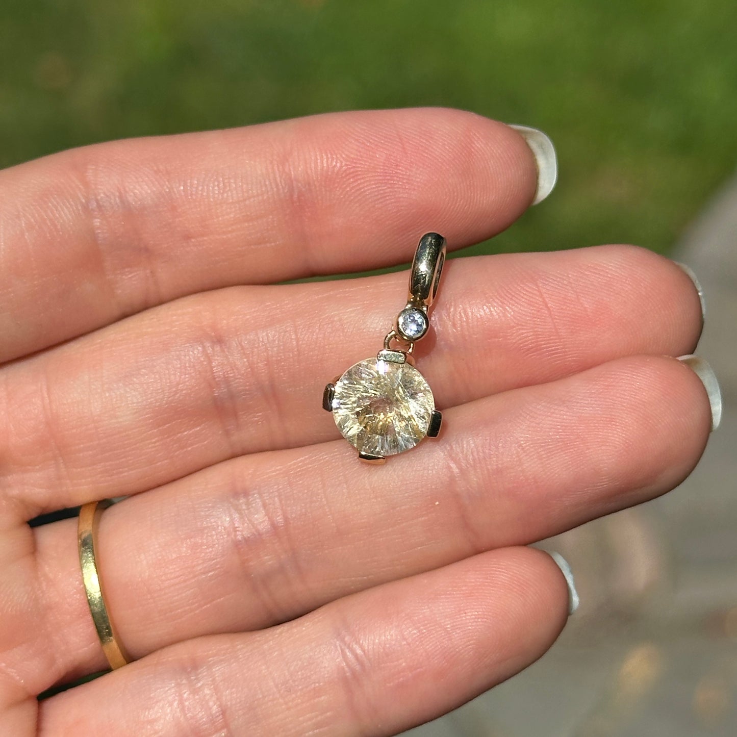 14K Yellow Gold Round Rutilated Quartz + Round Diamond Pendant