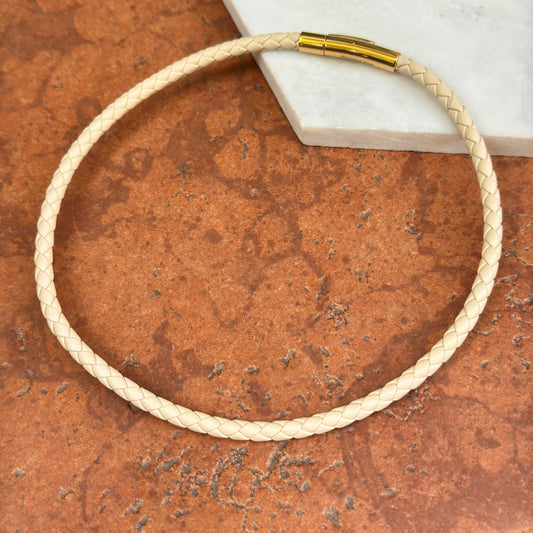 Gold-Plated Steel 5mm Beige Braided Leather Necklace - LSJ