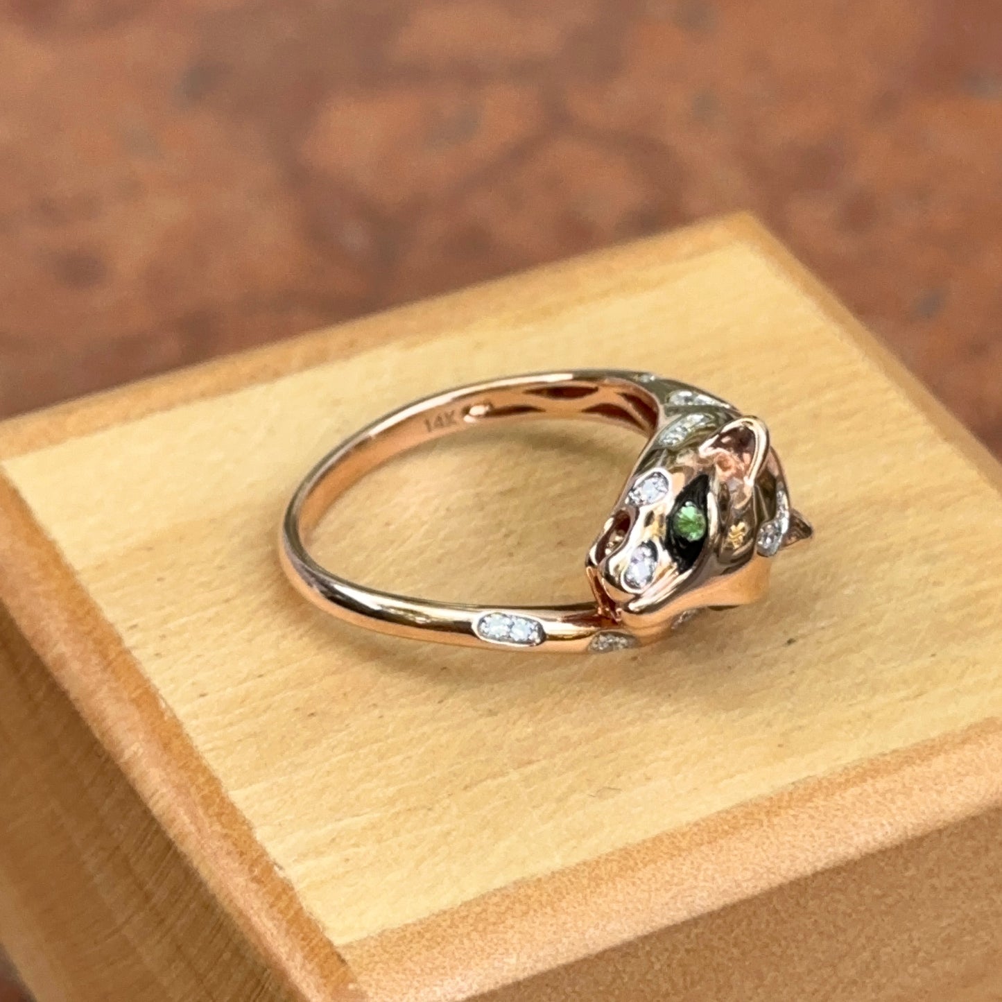 Estate 14KT Rose Gold Pave Diamond + Tsavorite Eye Panther Bypass Ring