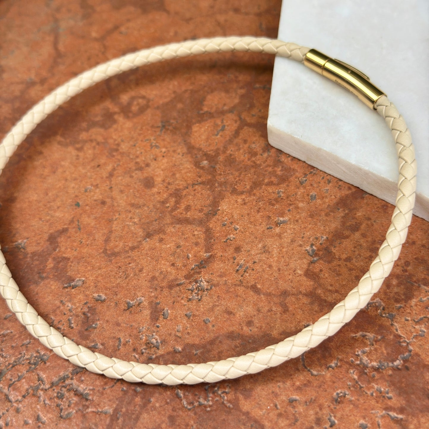 Gold-Plated Steel 5mm Beige Braided Leather Necklace