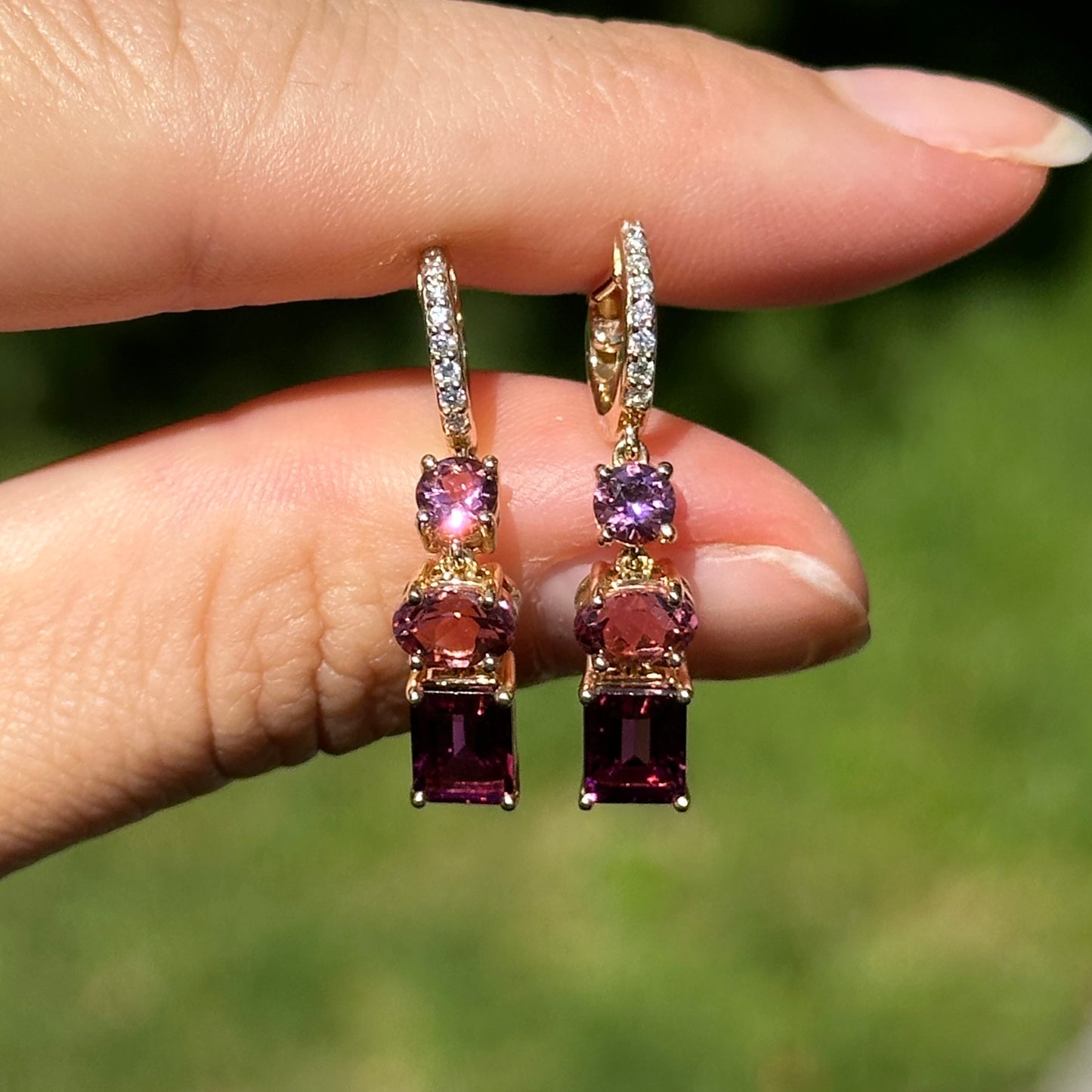 14KT Yellow Gold Multi Shape Pink Tourmaline + Round Diamond Huggie Drop Earrings