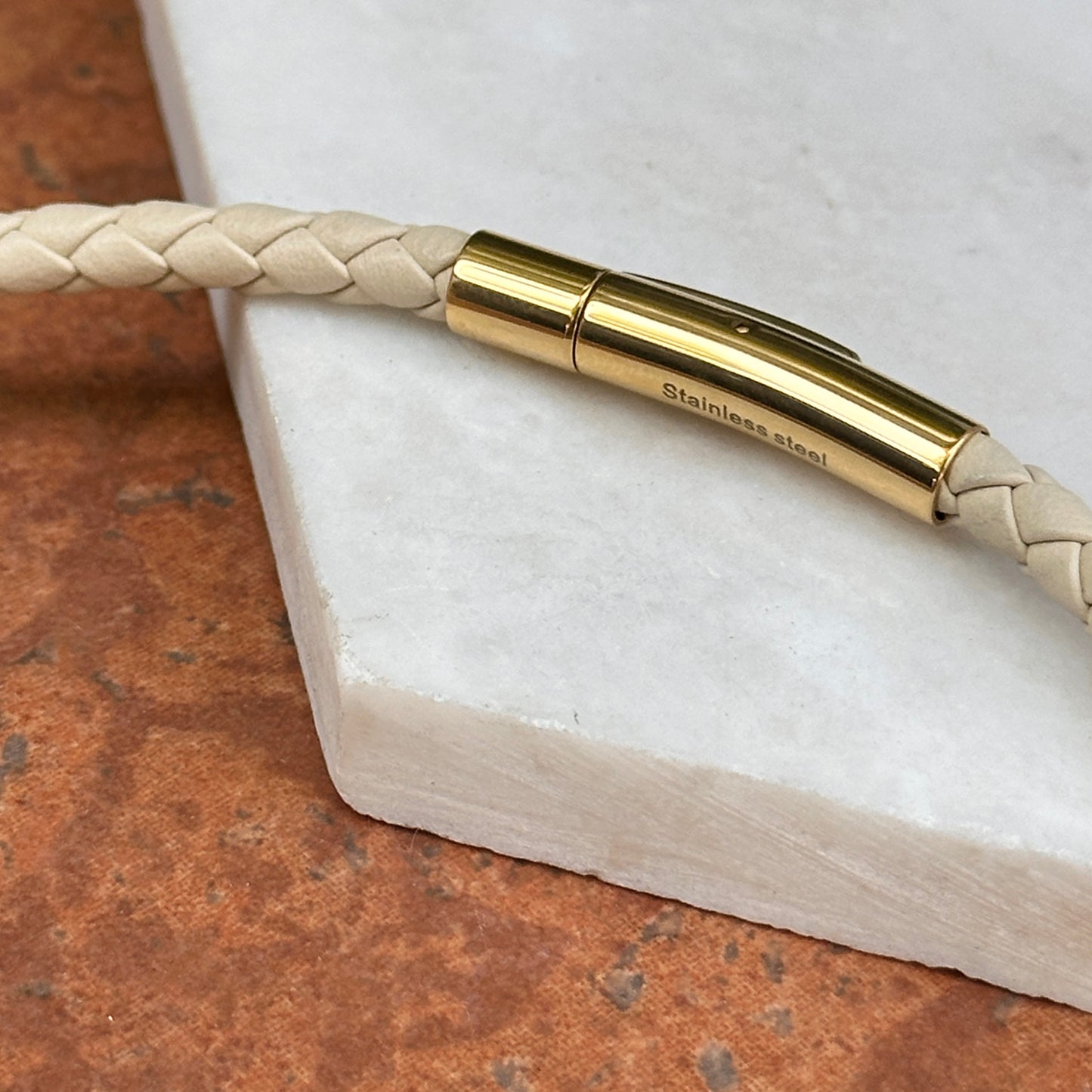 Gold-Plated Steel 5mm Beige Braided Leather Necklace