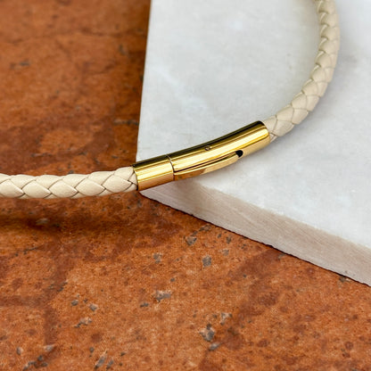 Gold-Plated Steel 5mm Beige Braided Leather Necklace