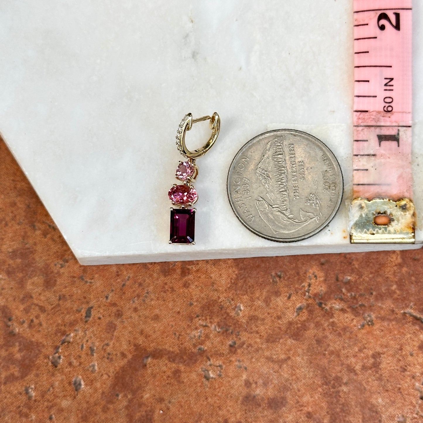 14KT Yellow Gold Multi Shape Pink Tourmaline + Round Diamond Huggie Drop Earrings