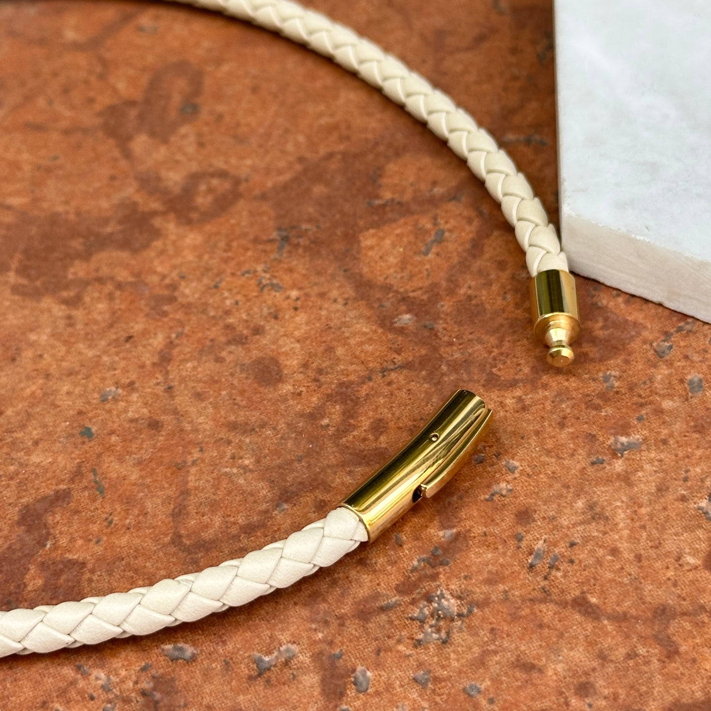Gold-Plated Steel 5mm Beige Braided Leather Necklace