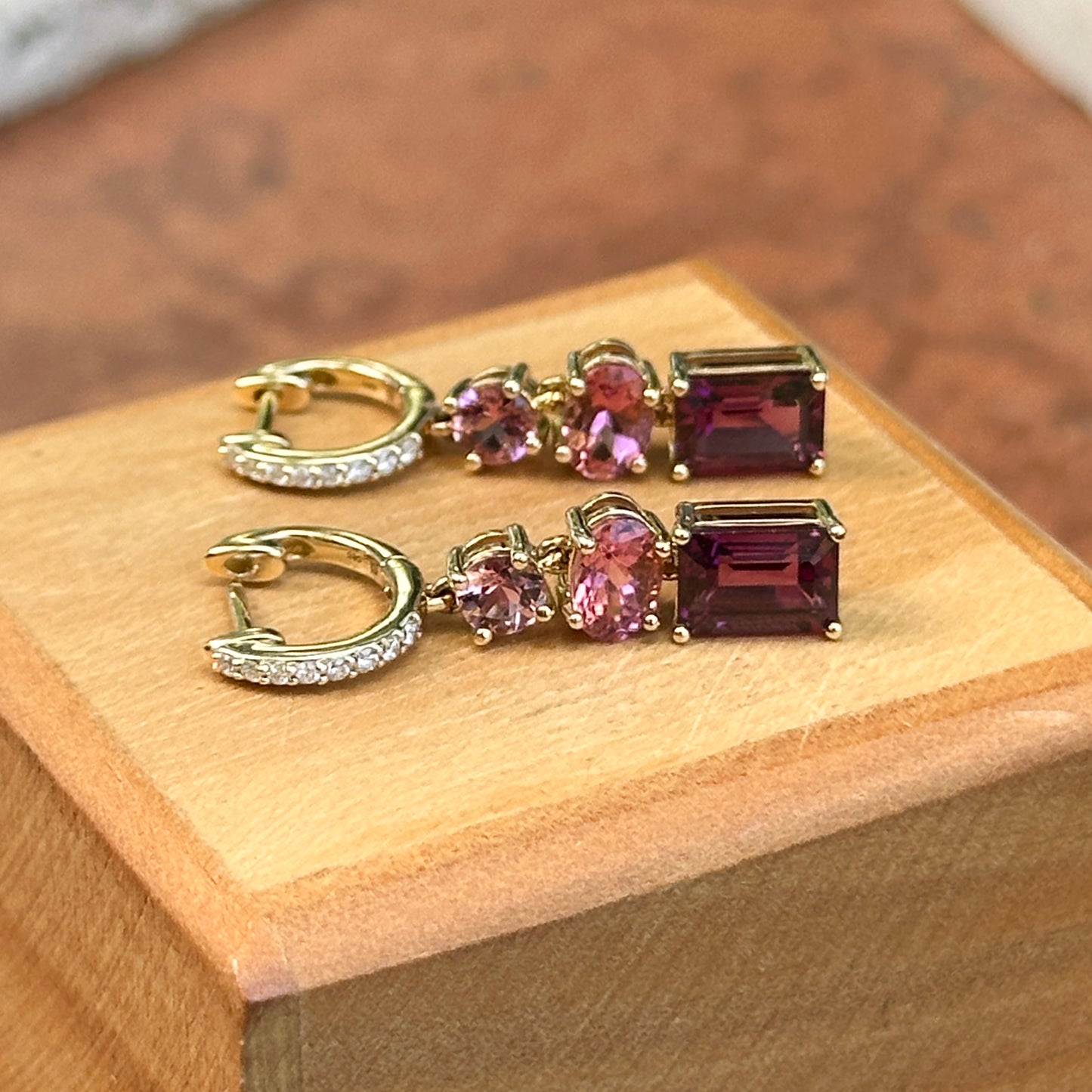 14KT Yellow Gold Multi Shape Pink Tourmaline + Round Diamond Huggie Drop Earrings