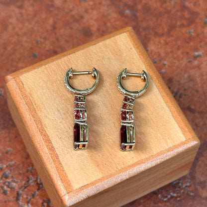 14KT Yellow Gold Multi Shape Pink Tourmaline + Round Diamond Huggie Drop Earrings