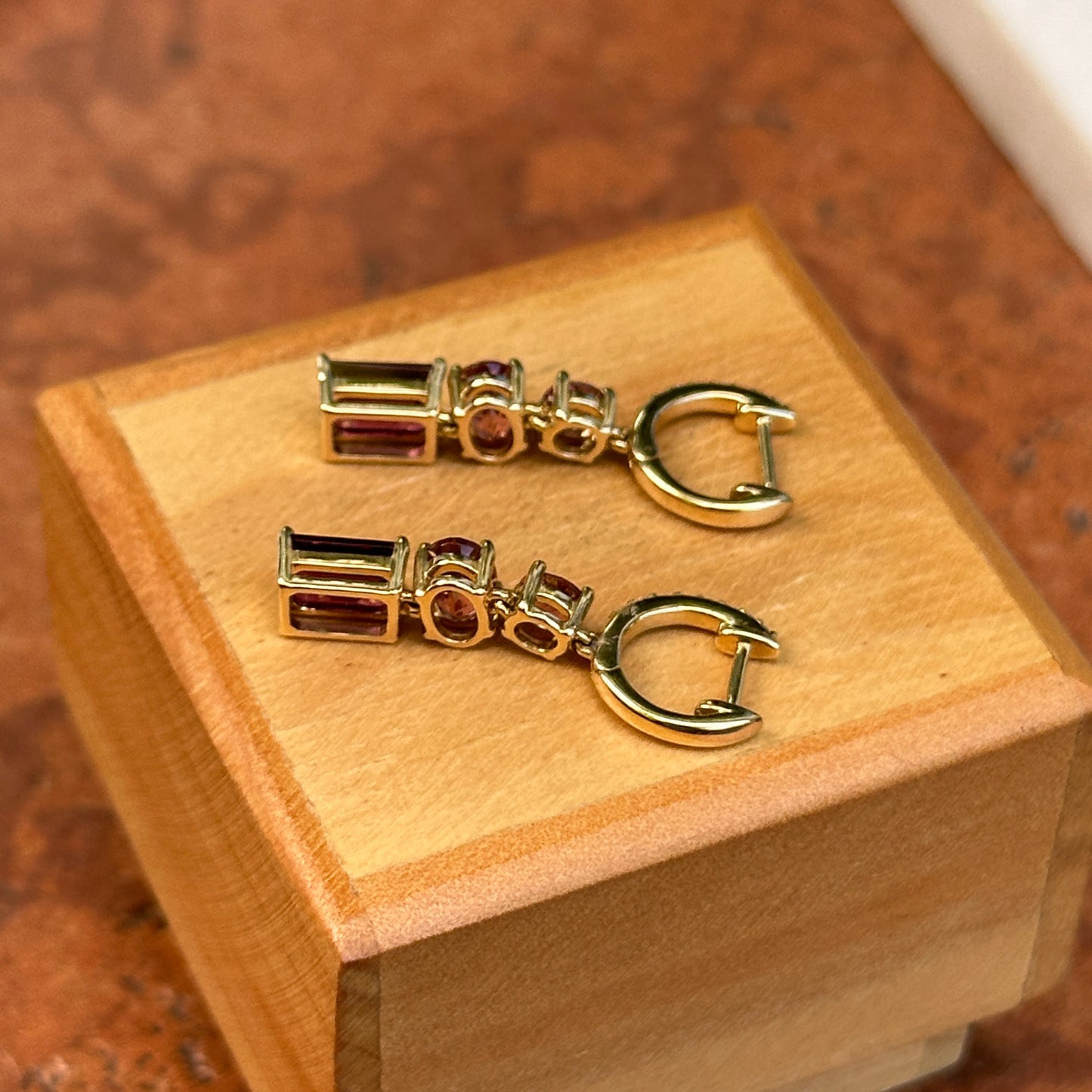 14KT Yellow Gold Multi Shape Pink Tourmaline + Round Diamond Huggie Drop Earrings