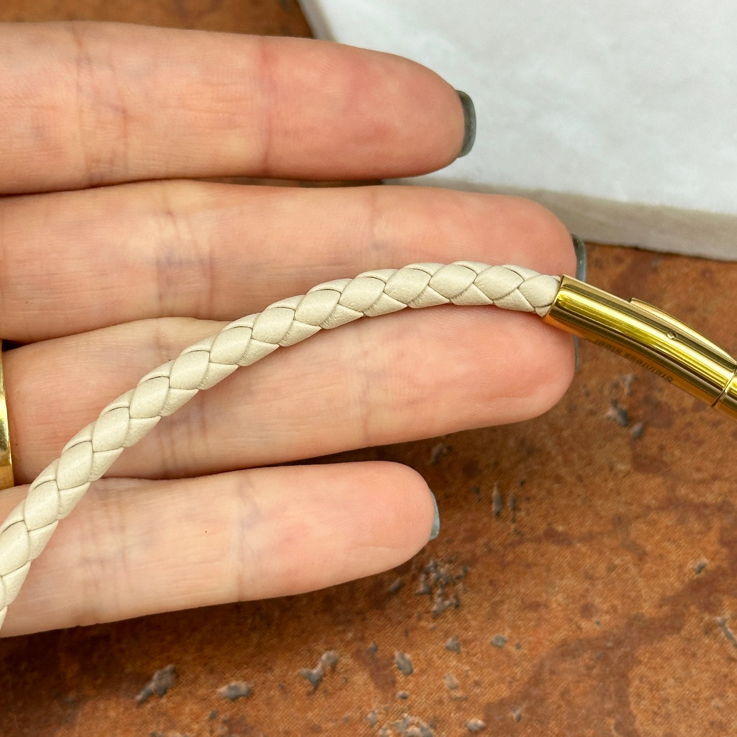 Gold-Plated Steel 5mm Beige Braided Leather Necklace