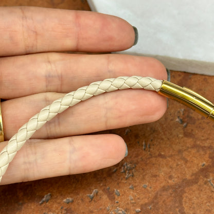 Gold-Plated Steel 5mm Beige Braided Leather Necklace