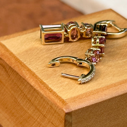 14KT Yellow Gold Multi Shape Pink Tourmaline + Round Diamond Huggie Drop Earrings
