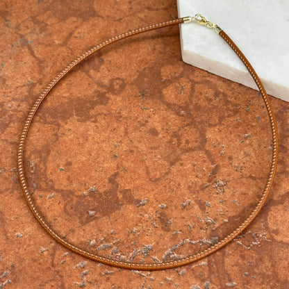 14KT Yellow Gold 2.5mm Cognac Brown Stitched Leather Necklace