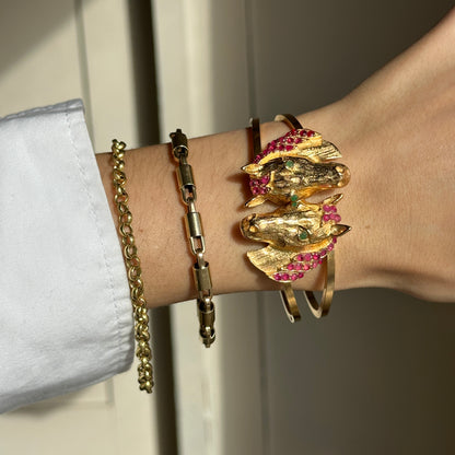Estate Yellow Gold Tone Horse Head Cuff + Genuine Rubies and Emeralds Bracelet - LSJ