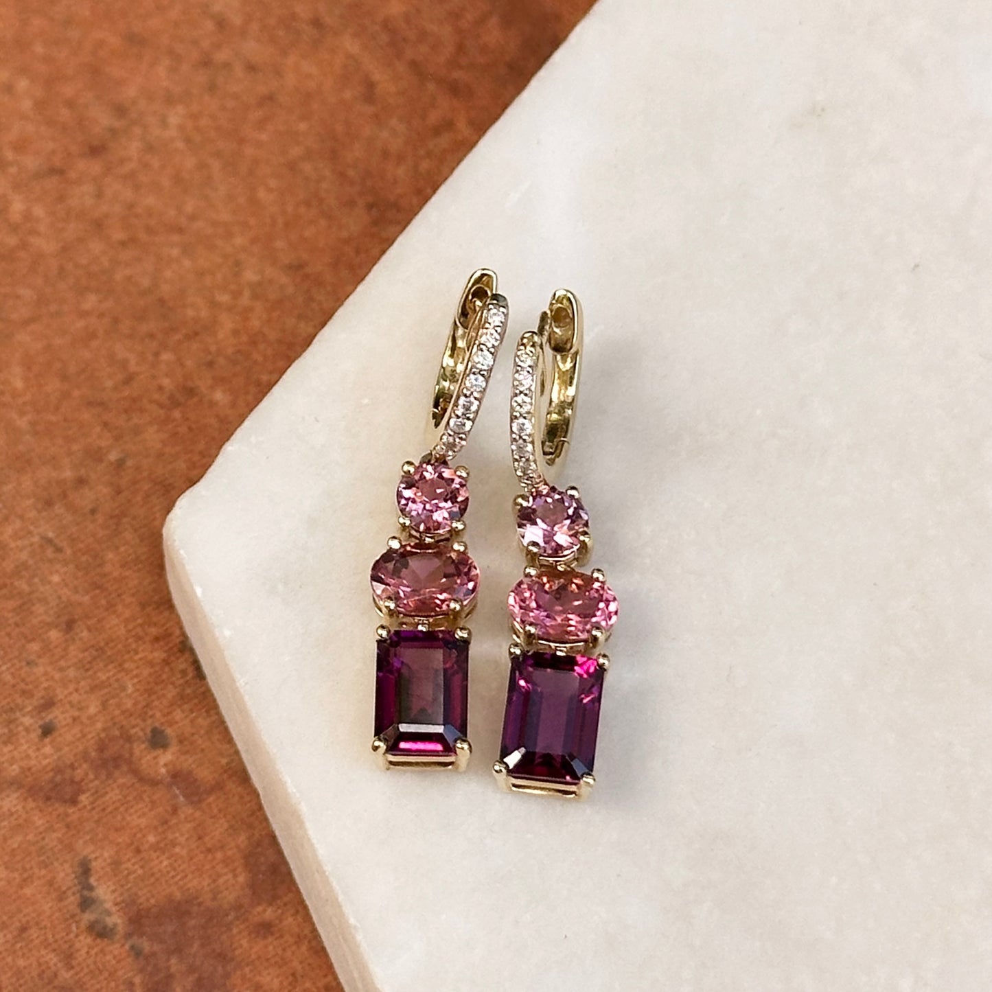 14KT Yellow Gold Multi Shape Pink Tourmaline + Round Diamond Huggie Drop Earrings