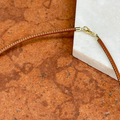 14KT Yellow Gold 2.5mm Cognac Brown Stitched Leather Necklace