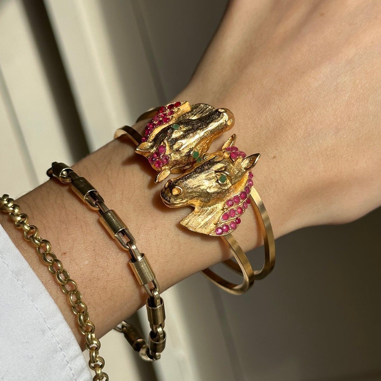 Estate Yellow Gold Tone Horse Head Cuff + Genuine Rubies and Emeralds Bracelet - LSJ