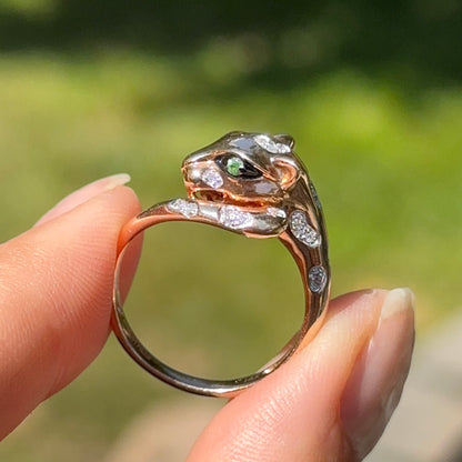 Estate 14KT Rose Gold Pave Diamond + Tsavorite Eye Panther Bypass Ring