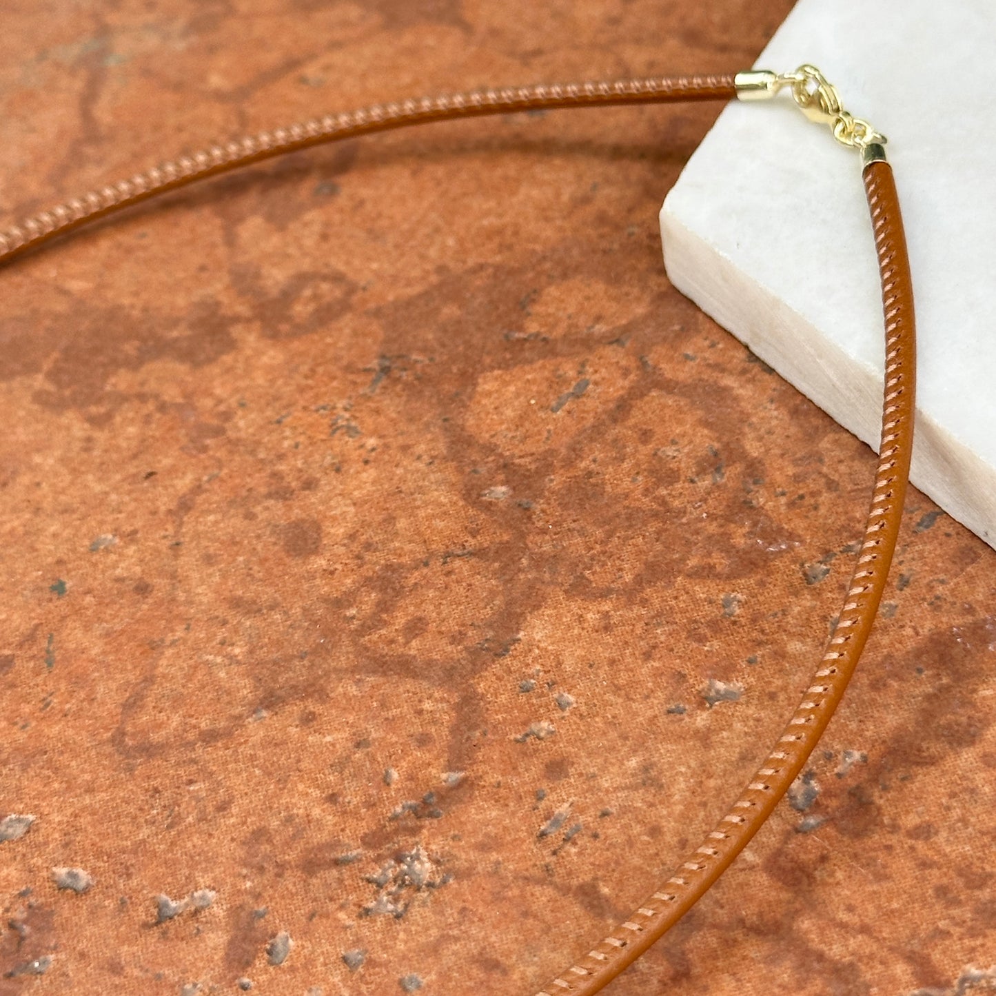 14KT Yellow Gold 2.5mm Cognac Brown Stitched Leather Necklace