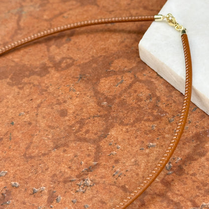 14KT Yellow Gold 2.5mm Cognac Brown Stitched Leather Necklace