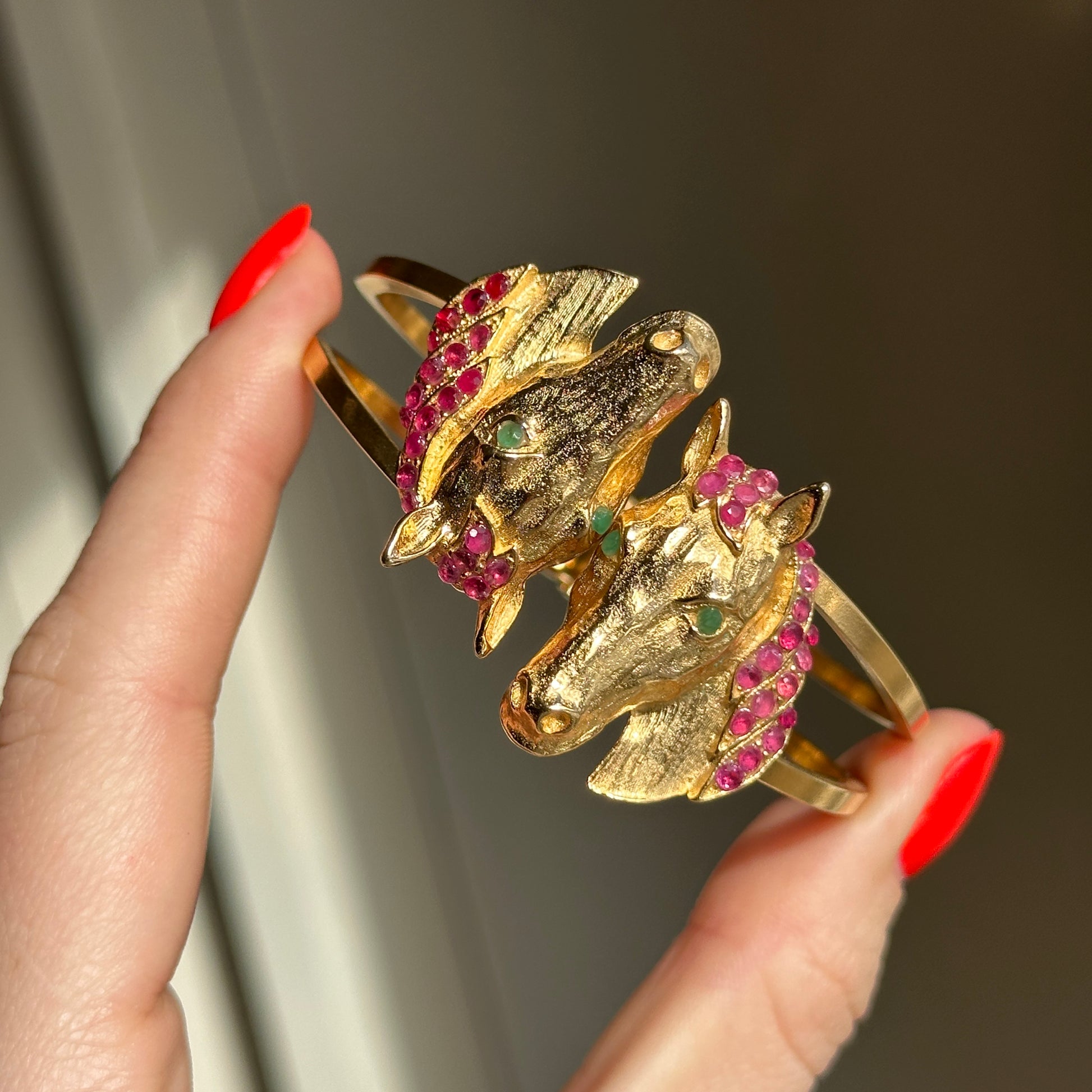 Estate Yellow Gold Tone Horse Head Cuff + Genuine Rubies and Emeralds Bracelet - LSJ