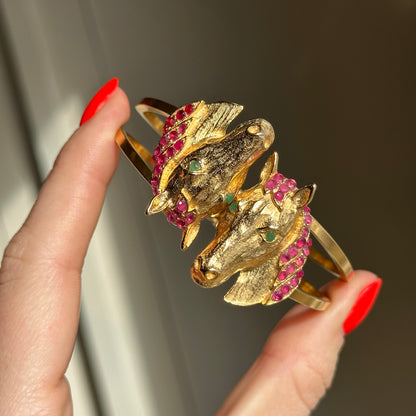 Estate Yellow Gold Tone Horse Head Cuff + Genuine Rubies and Emeralds Bracelet - LSJ