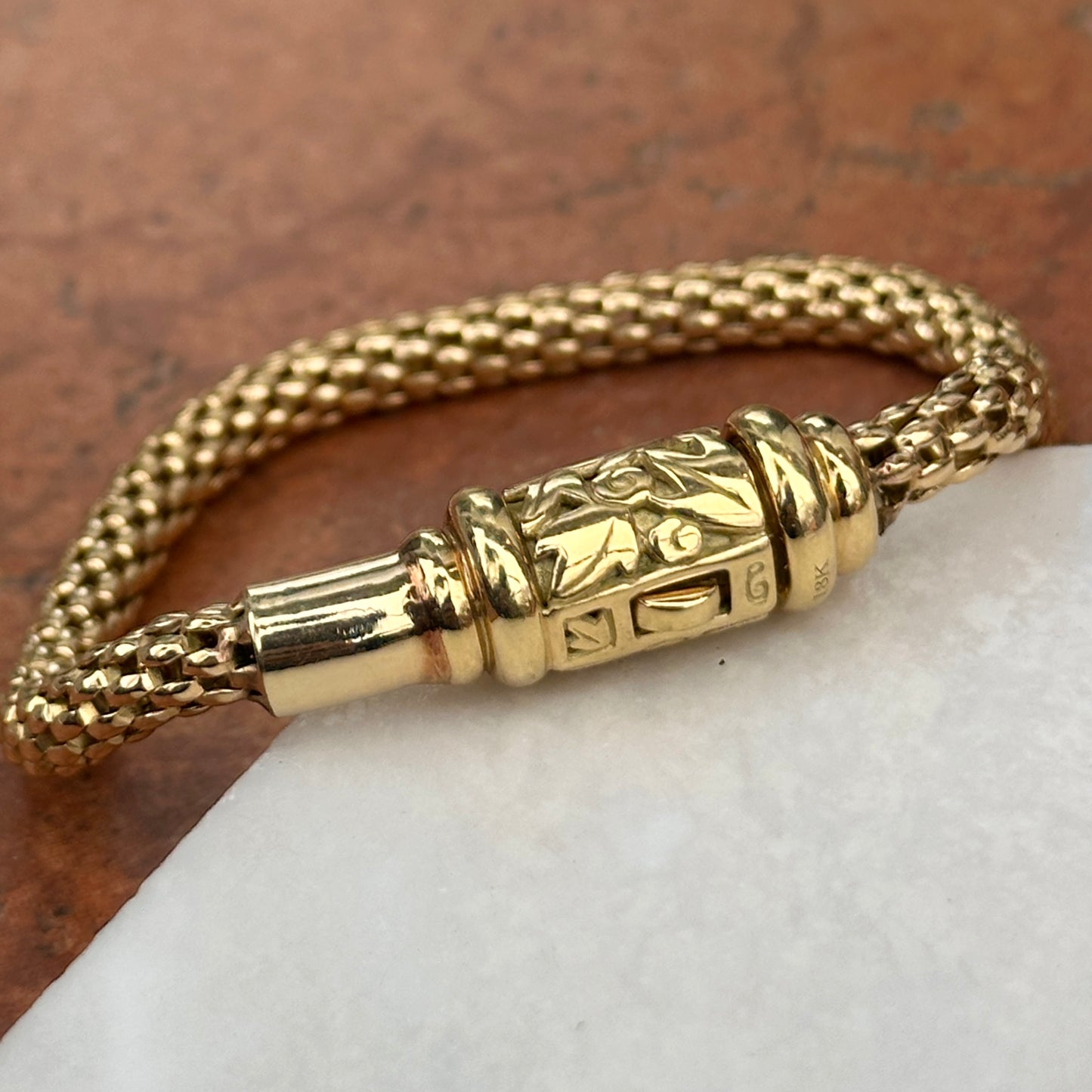 Estate 18KT Yellow Gold Popcorn Barrel Clasp Chain Bracelet