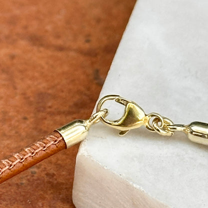 14KT Yellow Gold 2.5mm Cognac Brown Stitched Leather Necklace